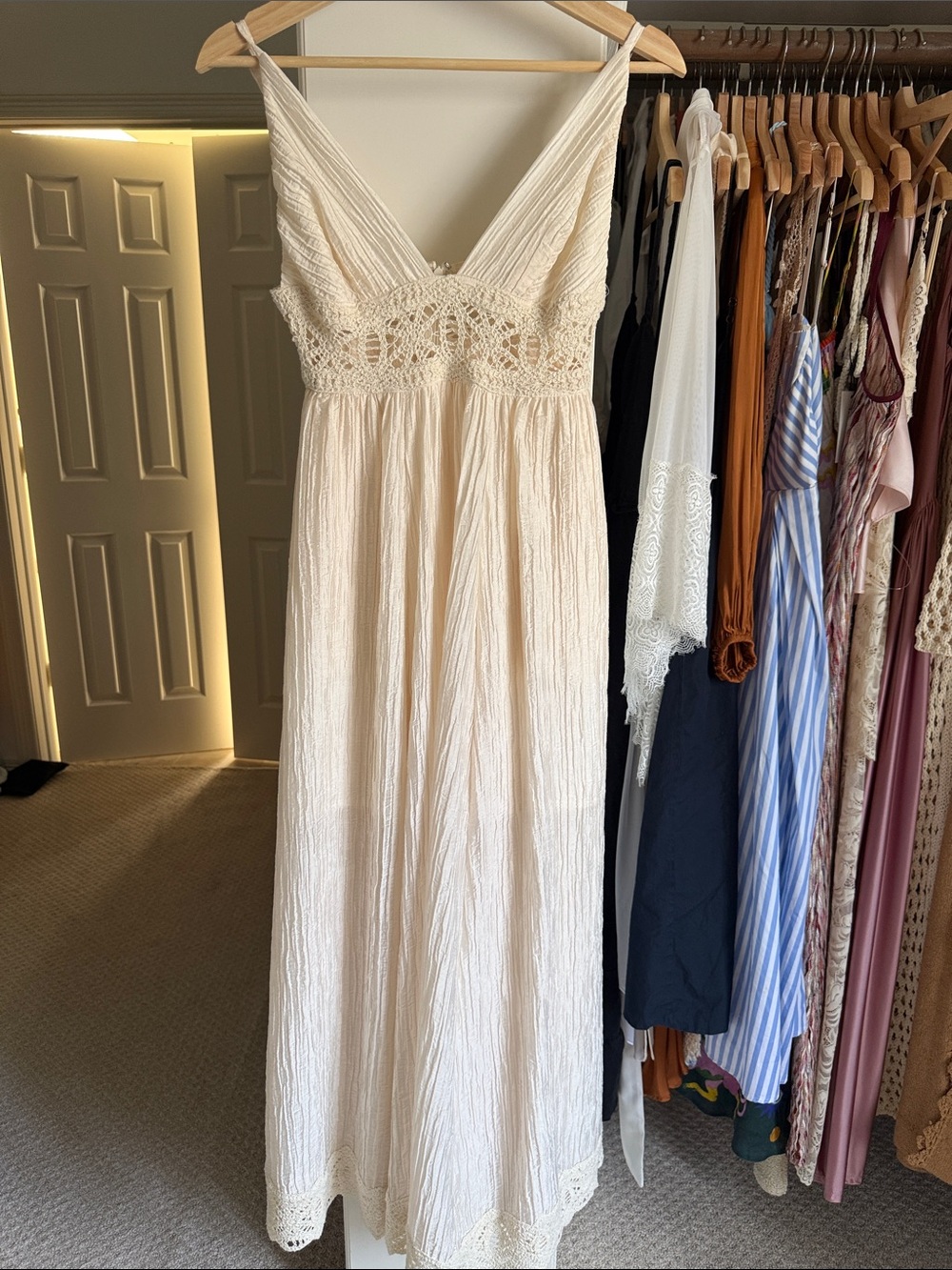 Sabina Musayev Cream Crochet-Panel Maxi Dress